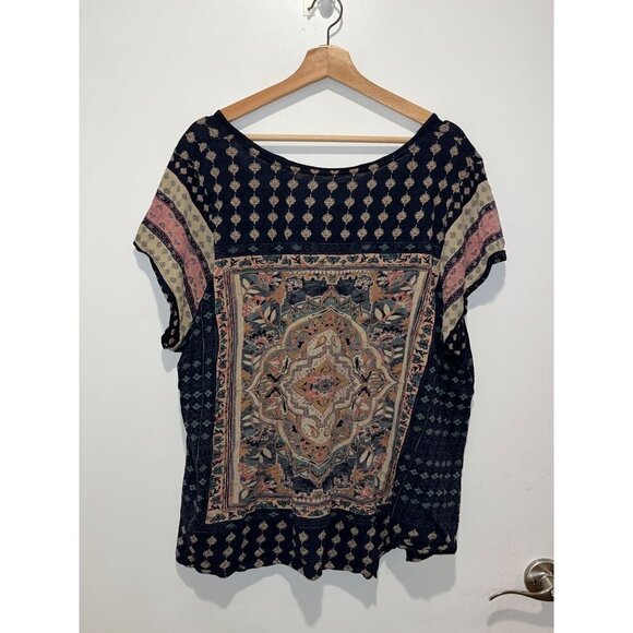 Lucky Brand Womens Boho Floral Printed Short Sleeve Top 3X Navy Multicolor Cotto - Picture 4 of 8